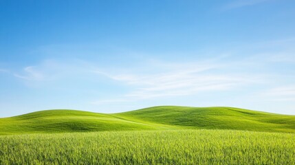 Fototapeta premium Lush green hills under a clear blue sky, evoking tranquility and natural beauty.