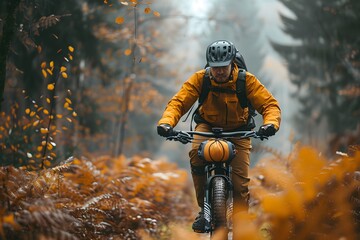 Adventurous Mountain Biker Navigating Through Autumn Trails