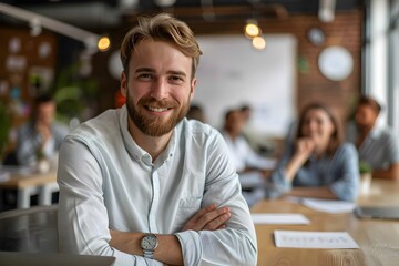 Obraz premium Confident Young Professional Smiling in a Modern Office Setting