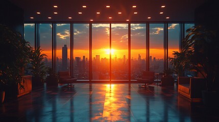 Fototapeta premium Modern office interior with large windows overlooking a cityscape with sunset.