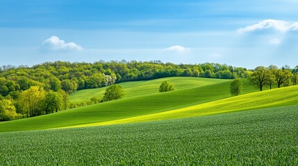 Fototapeta premium Lush green hills under a bright blue sky, showcasing a serene natural landscape.
