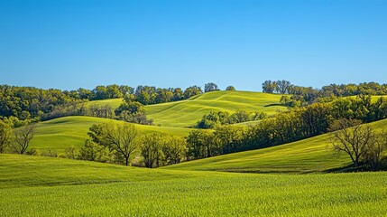 Fototapeta premium Lush green hills under a clear blue sky, showcasing serene natural beauty.
