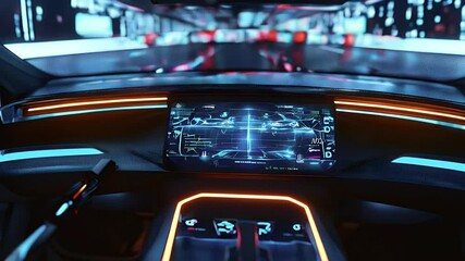 Futuristic car interior with glowing dashboard and a digital display.