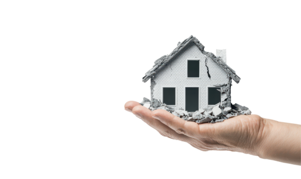 Hand holds a crumbling miniature house isolate on transparent background, symbolizing damage, loss, cutout, png