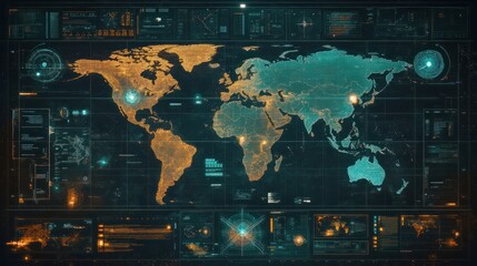 Futuristic Digital World Map with Radar Monitoring System for Global Intelligence and Cybersecurity