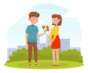 Man Date with Woman Give Her Flower Bouquet Vector Illustration