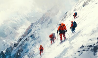 Climbers ascend snowy mountain range.