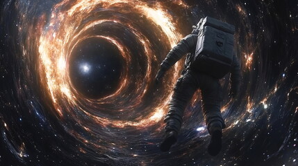 Astronaut Confronts Cosmic Abyss Near Swirling Black Hole