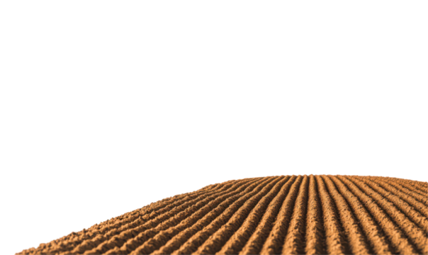 Wide shot of a plowed field with rows of soil isolate on transparent background, cutout, png