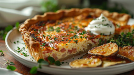 Gourmet Delight Quiche Lorraine elegantly plated in a high-end restaurant setting, featuring crèe fraïche, fresh herbs, and truffle-infused potato chips for a refined dining experience.