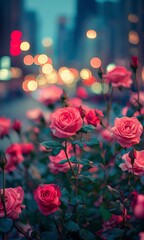 Obraz premium Red roses blooming in a vibrant city setting with blurred lights at night