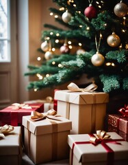 Festively wrapped gifts surrounded by colorful Christmas balls under a beautifully decorated spruce tree during the joyous New Year season. Generative AI