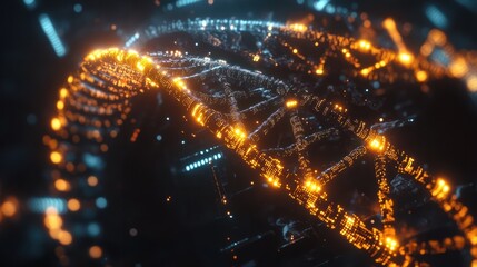 Glowing DNA Strands Over Futuristic Global Data Network and Analysis