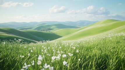 Fototapeta premium Lush green hills with blooming flowers under a bright blue sky.