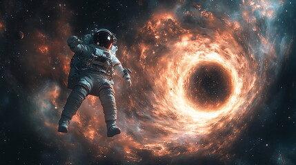 Astronaut Confronts Cosmic Abyss Near Swirling Black Hole