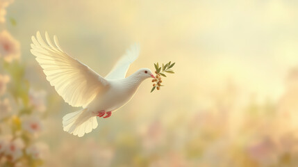 A white dove gracefully soars through the air, carrying an olive branch, symbolizing peace and hope amidst a soft, glowing background.