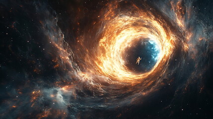 Astronaut Confronts Cosmic Abyss Near Swirling Black Hole