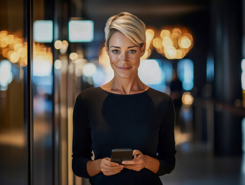 A woman with short blonde hair smiles as she checks her phone while standing in a brightly lit corridor