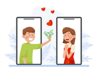 Man Date with Woman Give Her Flower Bouquet Vector Illustration