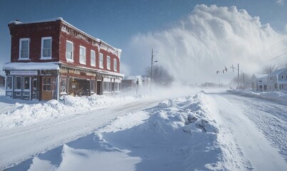 Fototapeta premium Snowy street, red brick building, blowing snow.