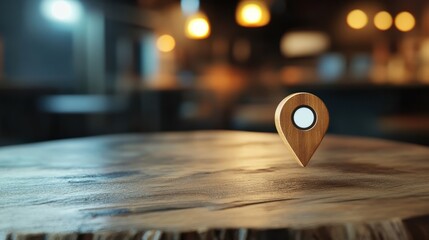 Location pin on wooden table with urban background showcasing technology and navigation concepts