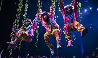 Obraz premium Three monkeys in colorful outfits swing from vines.