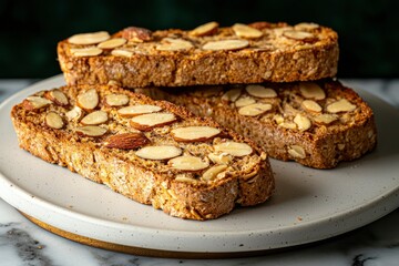 Close-up of Toasted Almond Bread Slices on a White Plate