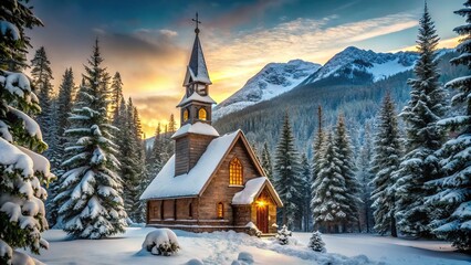 Snowy Church Surrounded by Pine Trees in Winter Wonderland