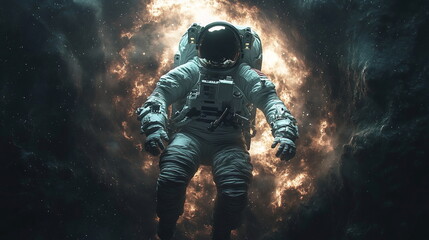 Fototapeta premium Astronaut Confronts Cosmic Abyss Near Swirling Black Hole