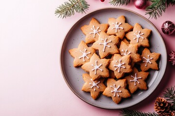 Star-Shaped Gingerbread Cookies with Snowflake Icing on a Plate