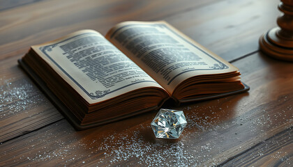 Obraz premium image of open antique book and diamond on wooden table with glitter overlay isolated with white highlights, png