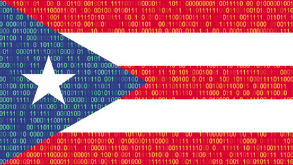 Binary code on flag of Puerto Rico. Program source code or Hacker concept on Puerto Rican flag. Puerto Rico digital technology security, hacking or programming
