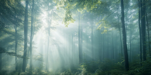 Obraz premium Serene forest morning with sunlight filtering through trees in tranquil wilderness
