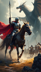 Naklejka premium Armored knight on horseback leading army with dragon in background