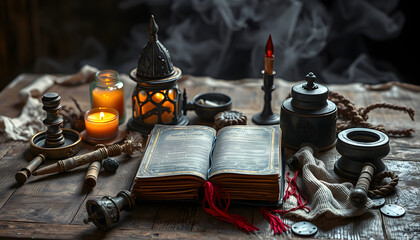 Witchcraft table. Witch doctor. Shamanic accessories. Old magic book isolated with white highlights, png