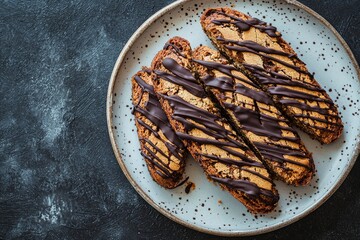 Four Chocolate-Drizzled Biscotti Cookies on a Plate