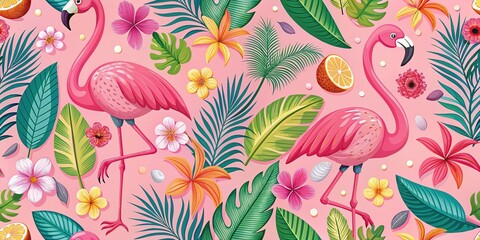 Tropical Summer Seamless Pattern with Flamingo, Flowers, and Shells