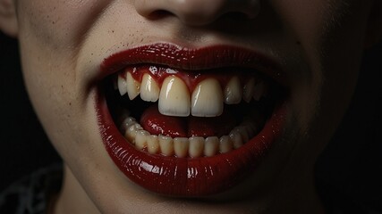 Fototapeta premium Vampire fangs dripping with blood, evoking Halloween horror. This illustration captures dark fantasy and gothic elements, perfect for spooky decor and nightmarish themes. Embrace the creepiness!