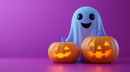 Halloween background with pumpkin and ghost with place for text