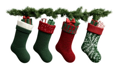 Colorful Christmas stockings hanging with festive decorations isolate on transparent background, cutout, png