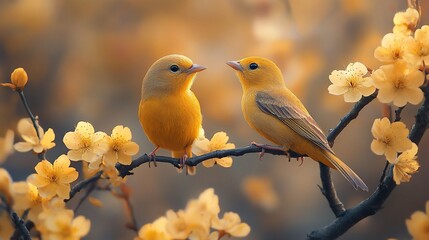 Fototapeta premium Two yellow birds perched on a blooming branch, looking at each other.