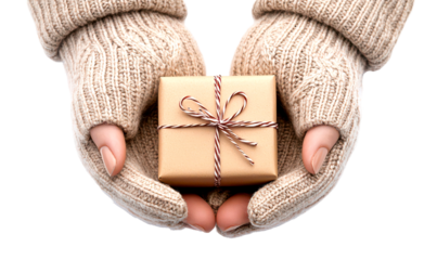 Hands in cozy gloves presenting a beautifully wrapped gift box isolate on transparent background, cutout, png