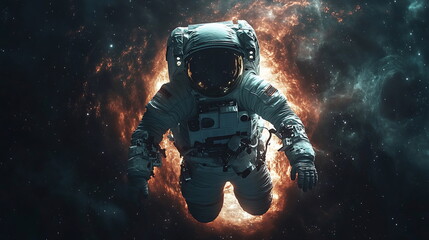Fototapeta premium Astronaut Confronts Cosmic Abyss Near Swirling Black Hole
