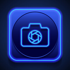 Photo camera simple icon vector. Flat design. Blue neon style on button. With shadow