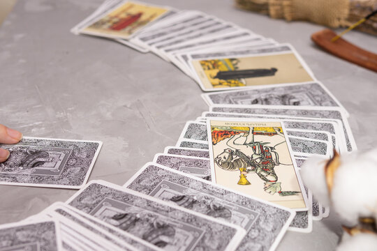 TVER, RUSSIA - FEBRUARY 18, 2024. Tarot cards, Tarot card divination, fortune telling. Occultism, esoteric education.