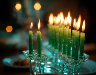 a group of green candles in menorah are lit on a table