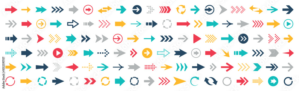 Poster arrow icons collection. different colorful arrows, cursor silhouette, scroll, pointer - stock vector
