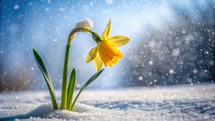 Yellow Narcissus Bud in Spring Snow: A Close-up Encounter