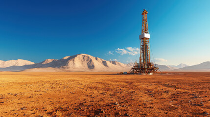 drilling rig operating in remote desert landscape, surrounded by mountains and clear blue skies, showcases vastness and arid beauty of environment