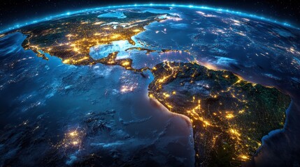 This visual illustrates a world map with illuminated pathways connecting major cities in Latin America, symbolizing the extensive reach of digital marketing services across the region